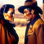 Stylized animated characters in Western attire conversing in desert setting.