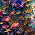 Illustration: Woman's face merges with pink roses and golden vines on blue background