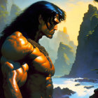 Muscular man with long black hair and glasses in natural landscape.