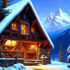 Snow-covered cabin in serene mountain twilight