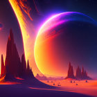 Colorful Sci-Fi Landscape with Rock Formations & Celestial Bodies