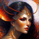 Portrait of a woman with swirling fiery and cosmic motifs.