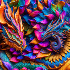 Colorful digital artwork: Intertwined dragons with intricate scales