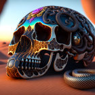 Intricately designed skull with mechanical gears and snakes in desert setting