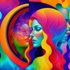 Colorful digital artwork: Three faces with flowing hair on psychedelic background