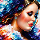 Colorful portrait of woman with flowing hair against cosmic background