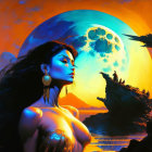 Illustrated woman under two moons by rocky coastline at sunset