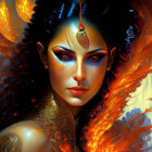 Fantastical portrait of woman with fiery orange wings and vibrant makeup