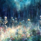 Skeleton Figures Among Colorful Blooming Flowers in Mystical Forest