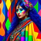 Vibrant portrait of woman with blue hair and bold makeup on psychedelic background