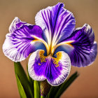 Colorful Iris Flower with Purple and White Petals on Soft Amber Background