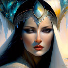 Fantasy female character portrait with elaborate headdress and sharp features on icy blue background