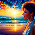 Colorful painting of woman in profile with ocean sunset background.