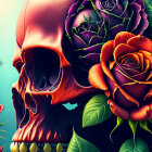 Vibrant human skull surrounded by colorful roses on teal background