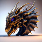 Detailed Metallic Dragon Head with Horns and Blue Eyes on Warm Background