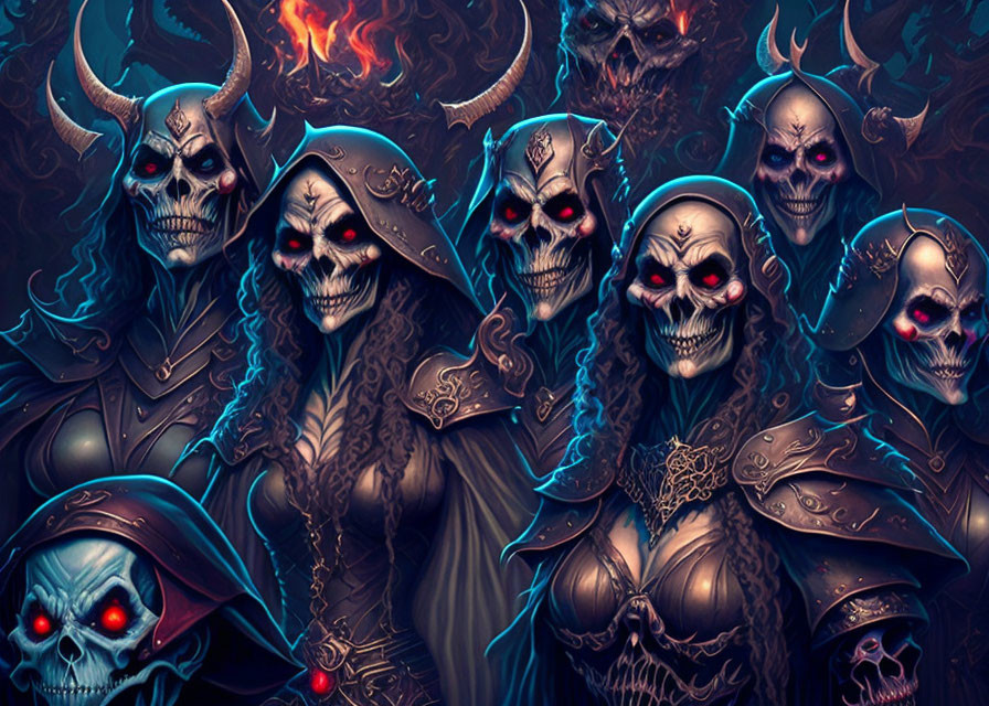 Sinister skull-faced figures in dark ornate armor on fiery backdrop