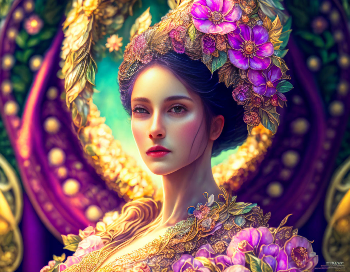 Digital art portrait of woman with violet flowers in hair and ornate golden gown on colorful background