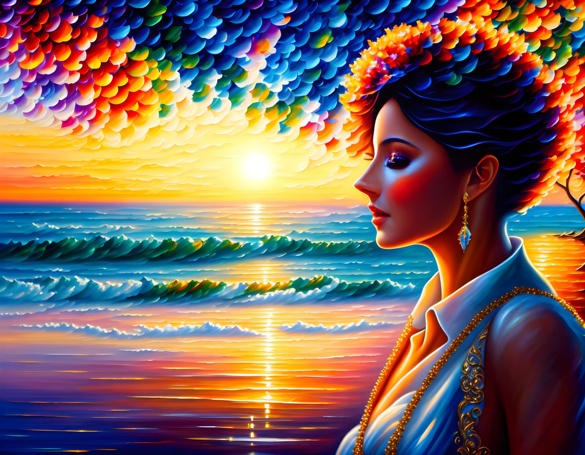 Colorful painting of woman in profile with ocean sunset background.