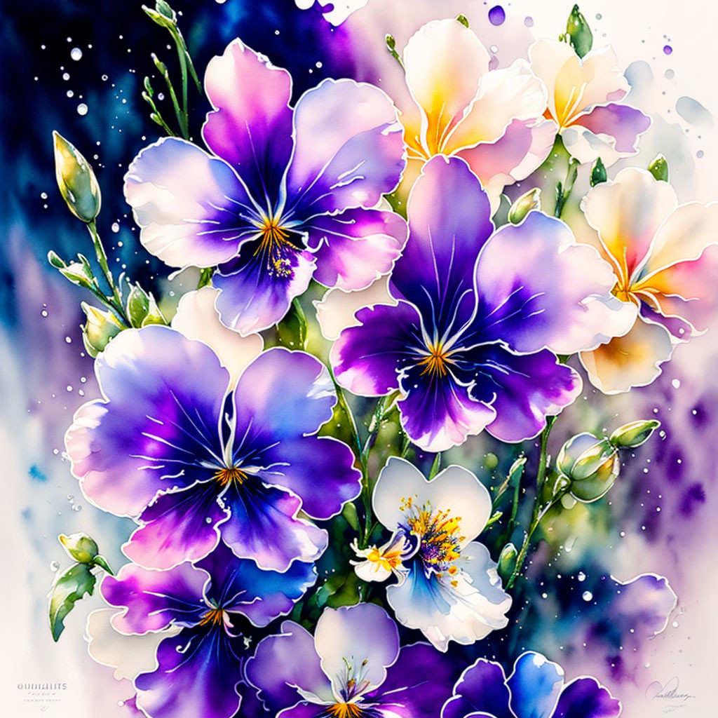 Colorful watercolor painting of purple and yellow pansies on speckled blue background