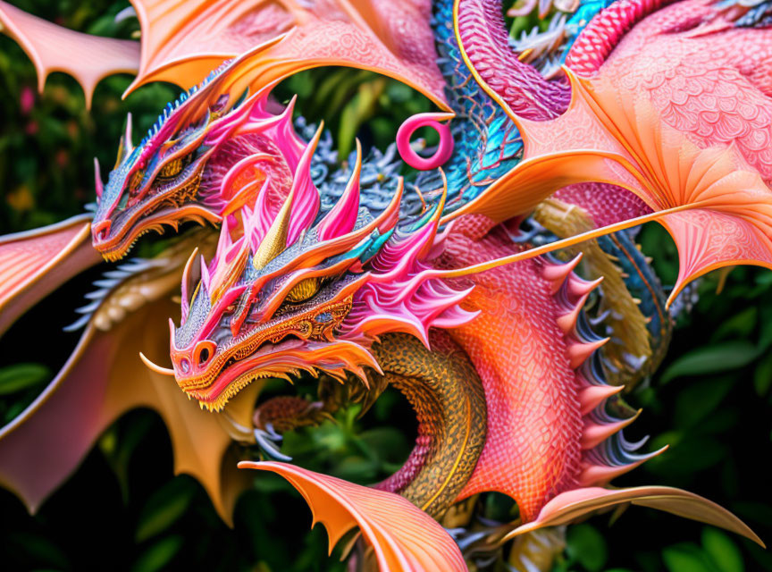 Colorful Multi-Headed Dragon Digital Art with Pink and Orange Scales