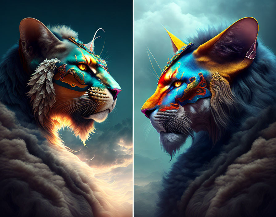 Vibrant lion and tiger portraits with tribal markings on dramatic cloudy backdrop