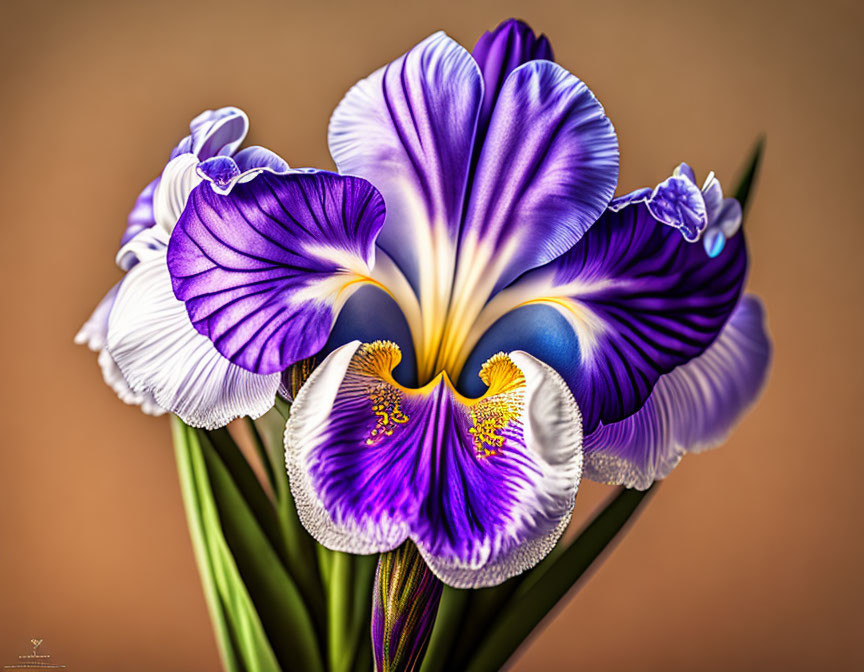 Colorful Iris Flower with Purple and White Petals on Soft Amber Background