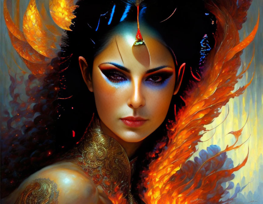 Fantastical portrait of woman with fiery orange wings and vibrant makeup