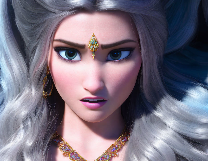 Close-up of 3D animated female character with silver hair, blue eyes, adorned in gold and