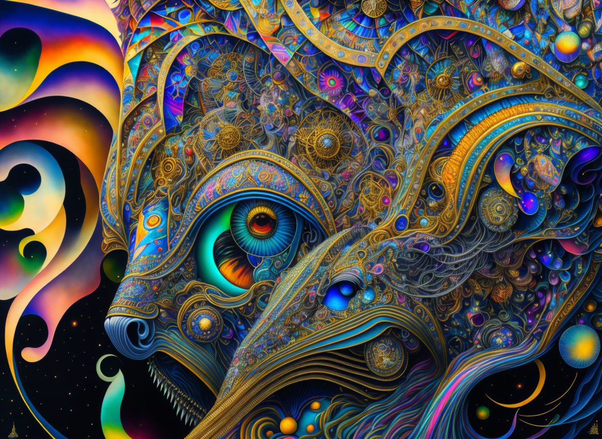 Colorful psychedelic artwork with intricate patterns and cosmic eyes.