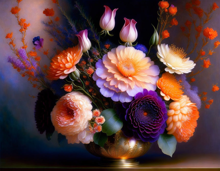 Colorful Assorted Flowers in Golden Vase on Dark Background