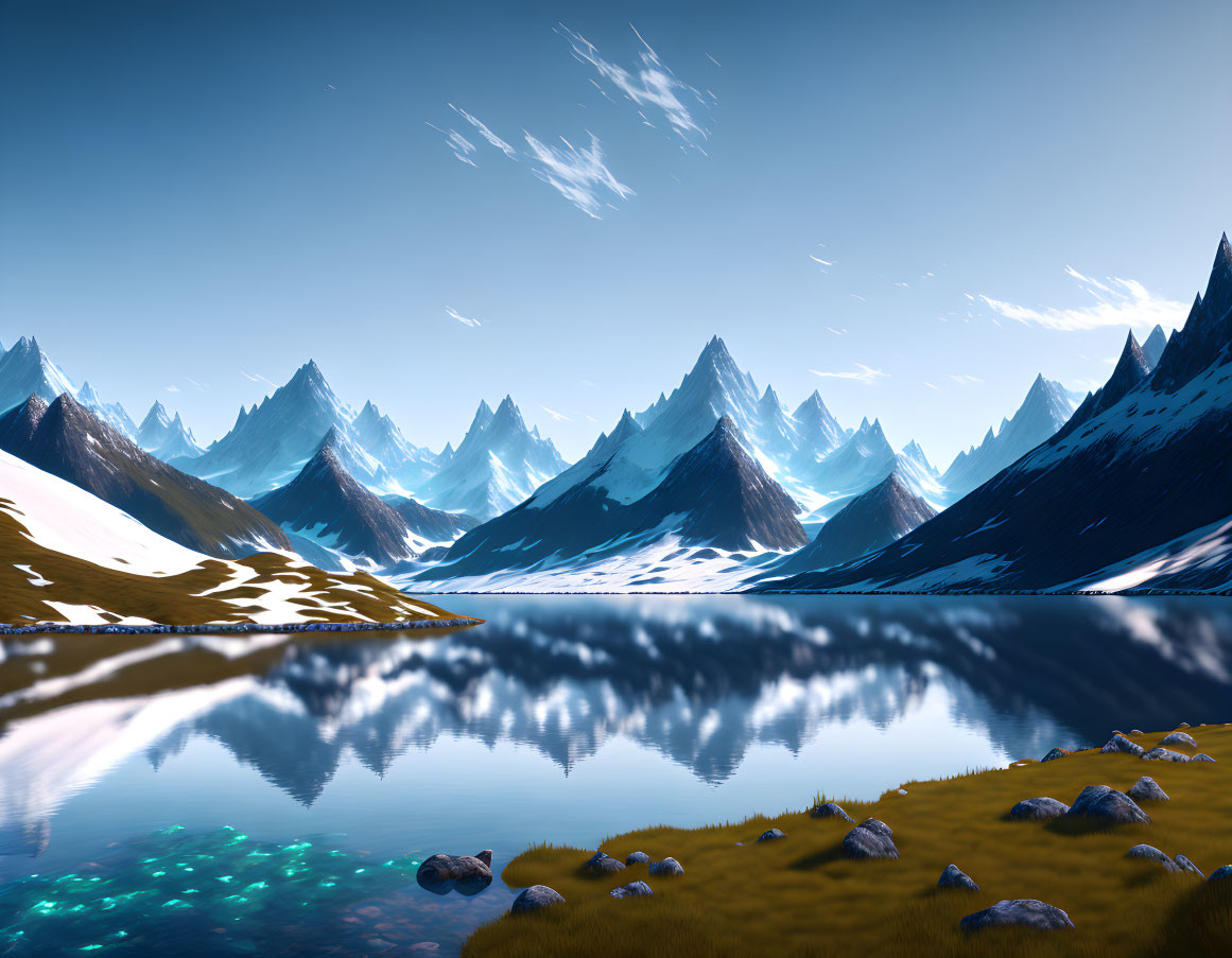 Snowy mountain peaks reflected in crystal-clear lake under blue sky.