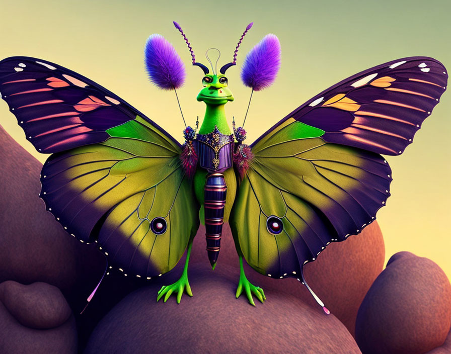 Colorful Butterfly Character Illustration with Smiling Green Face