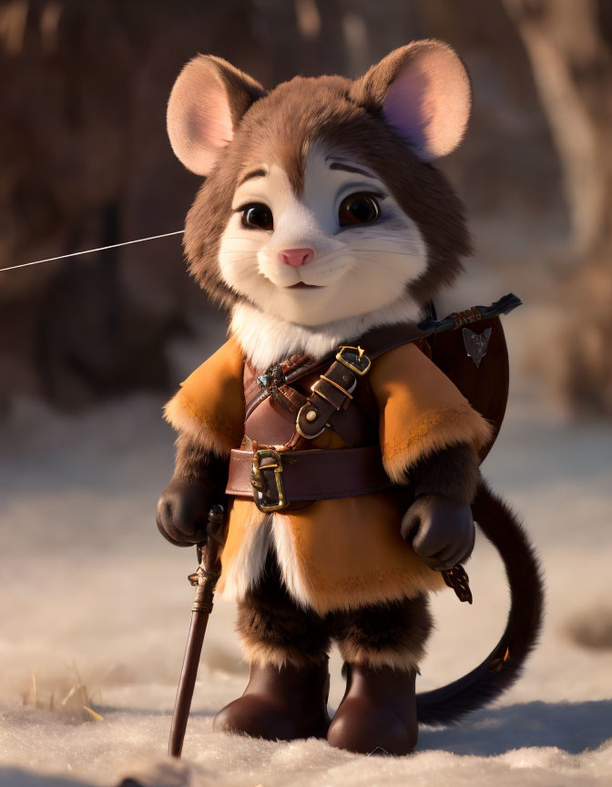 Medieval-themed anthropomorphic mouse with sword in snowy landscape