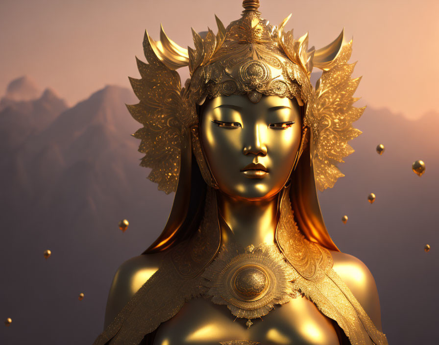 Golden mythical being statue with crown, mountains, and lanterns at dusk