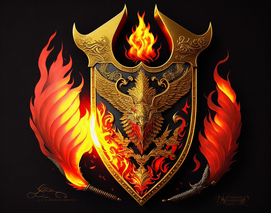 Golden shield with phoenix and flames on dark background