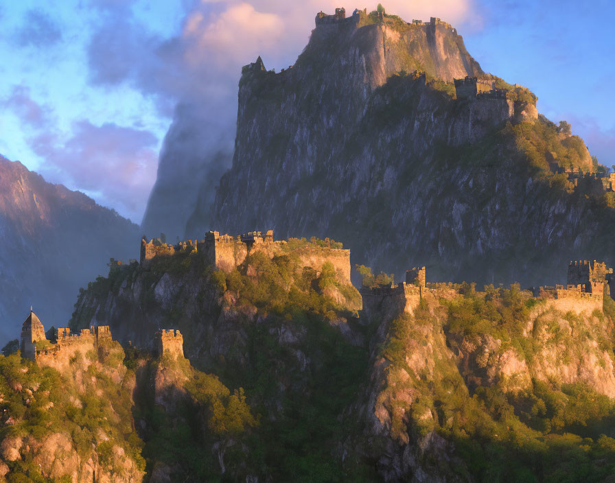 Ancient hilltop castle ruins in golden light surrounded by greenery and mist under blue sky