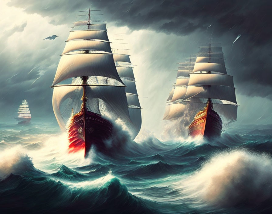 Stormy Sky Over Three Sailing Ships on Ocean Waves