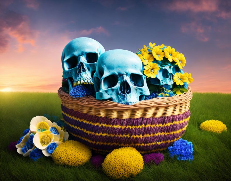 Colorful floral arrangement with blue skulls in wicker basket at sunset