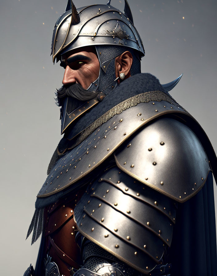 Detailed medieval knight digital artwork with reflective armor and beard.