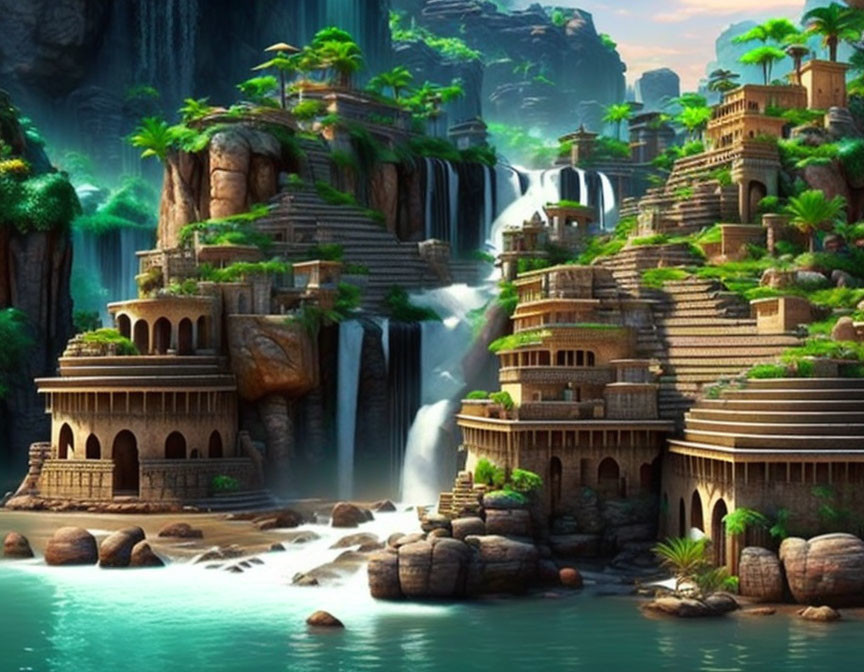 Fictional Ancient Waterfall City with Terraced Stone Structures