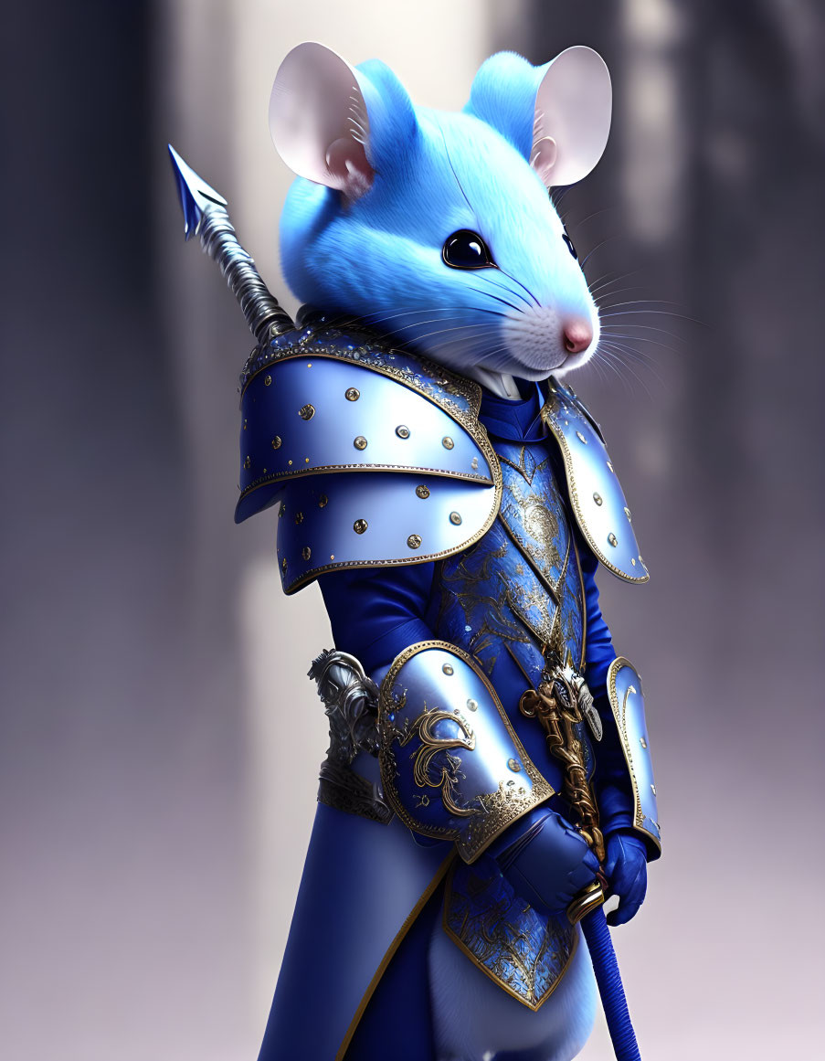 Blue Mouse in Ornate Armor: Detailed 3D Illustration