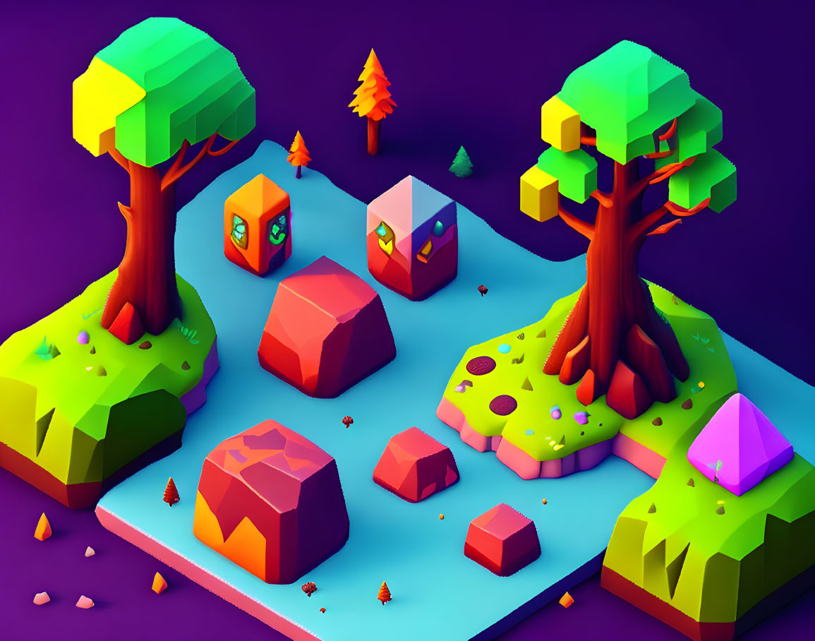 Colorful 3D illustration of whimsical islands and bees on purple background