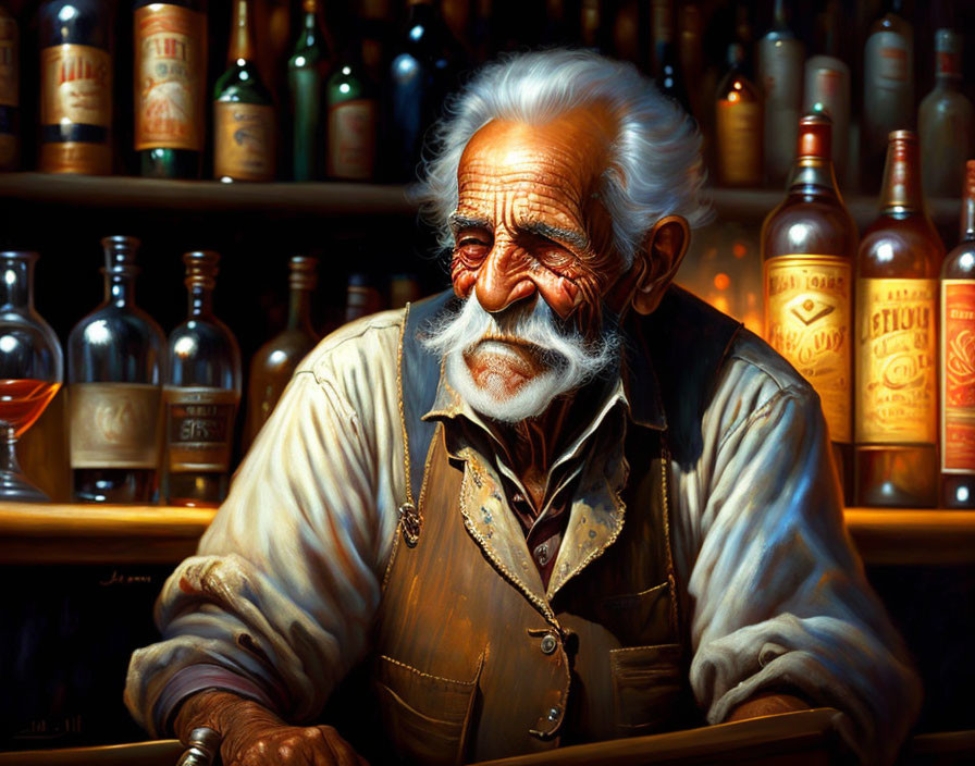 Elderly man with white beard sitting in front of stocked liquor shelves.