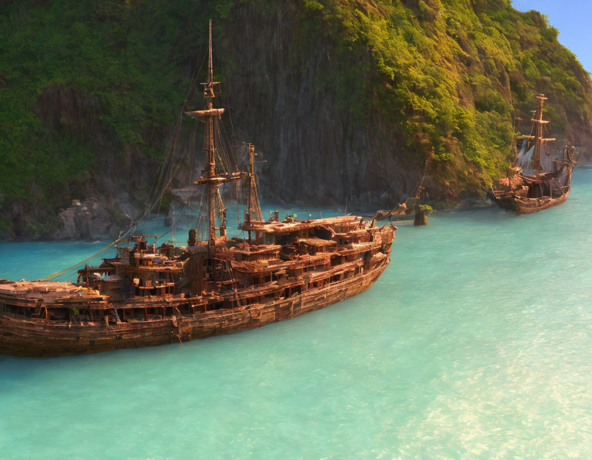 Old wooden ships anchored near rocky coast in turquoise waters under sunny sky