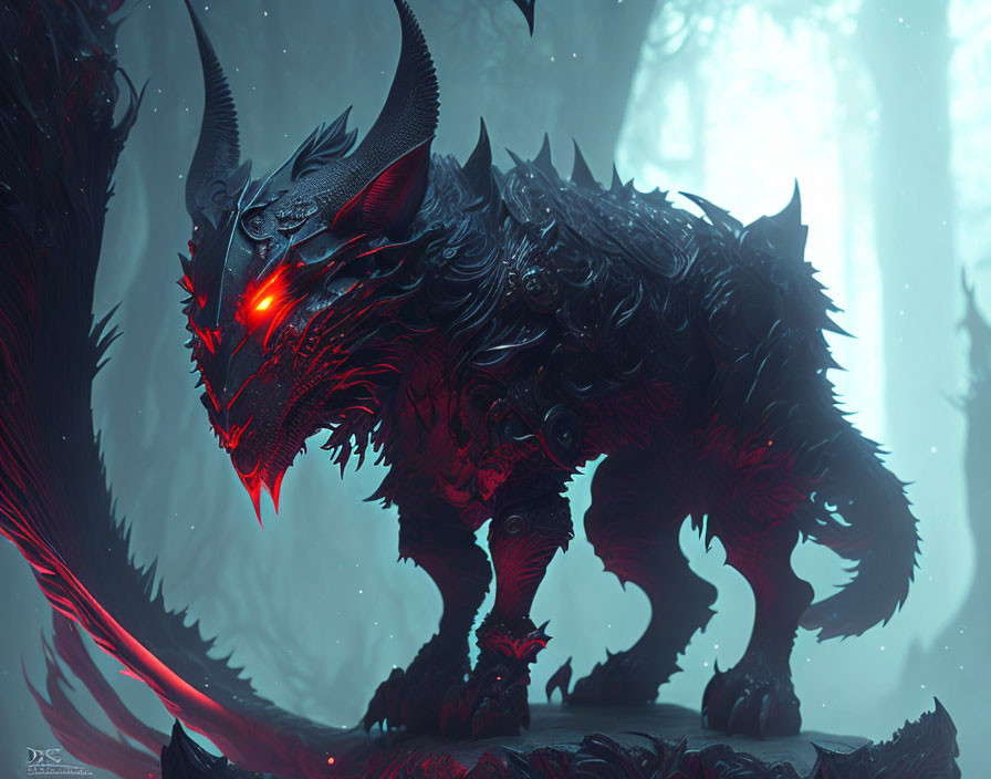 Menacing dark fantasy dragon in misty forest with glowing red eyes