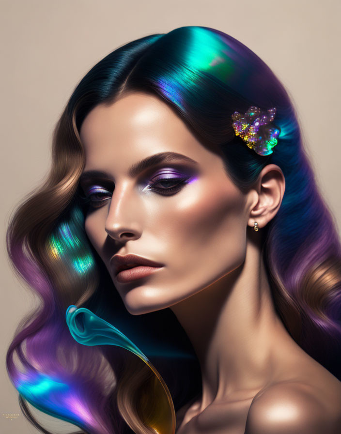 Iridescent hair and purple eye makeup woman with butterfly clip