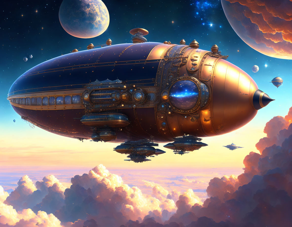 Copper-hued steampunk airship in cloudy sunset sky with planets and flying crafts