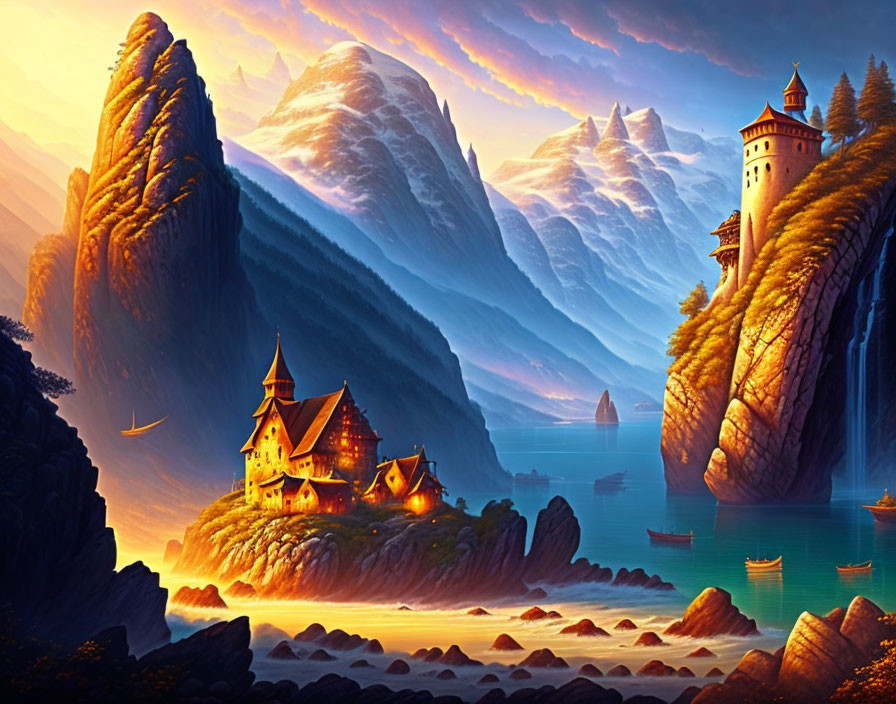 Majestic mountains, illuminated castles, boats on serene waters in vibrant sunset