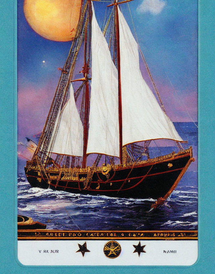 Illustrated sailboat on open water with astrological signs and symbolic text.