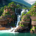 Fictional Ancient Waterfall City with Terraced Stone Structures